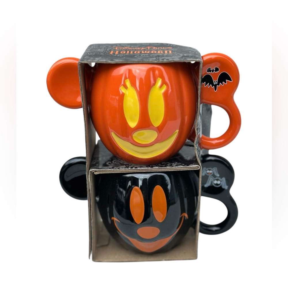 Disney Parks Authentic Mickey & Minnie Halloween Jack O Lantern Pumpkin Mug Set